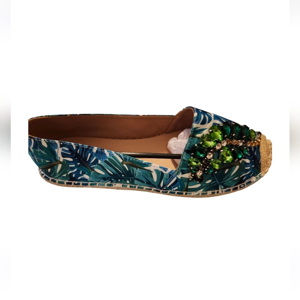 NIB Lauren Lorraine Tropical Green Rhinestone Embellished Espadrille Loafers 9.5 - Picture 4 of 10